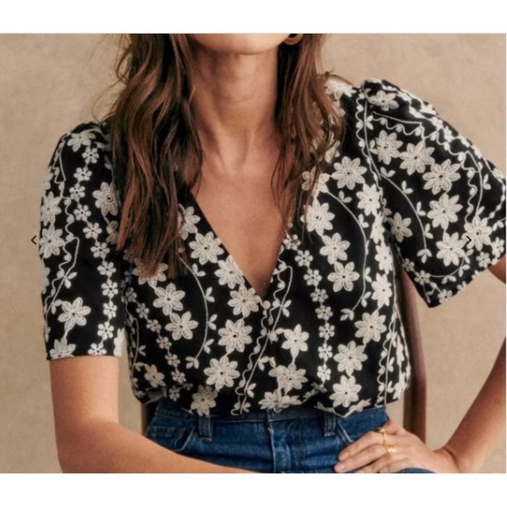 Sezane Emma Blouse Ecru Embroidery Black 40 Medium Floral White Button Eyelet